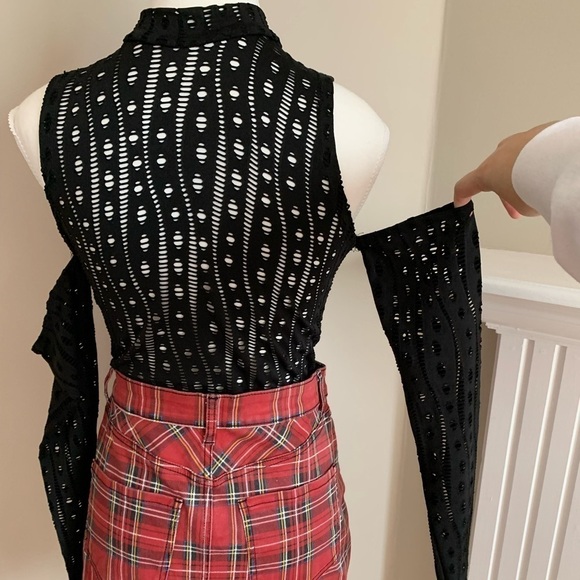 2-Piece Co-Ed Outfit, Red Plaid Skirt + Black Cut Out High Neck Top and Sleeves - Picture 4 of 5